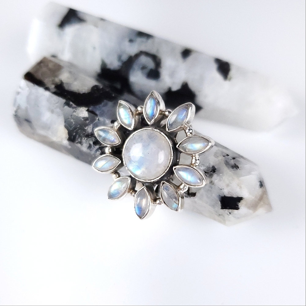 925 Sterling Silver Flower Starburst Rainbow Moonstone Ring New Size 7.75 - Picture 7 of 16